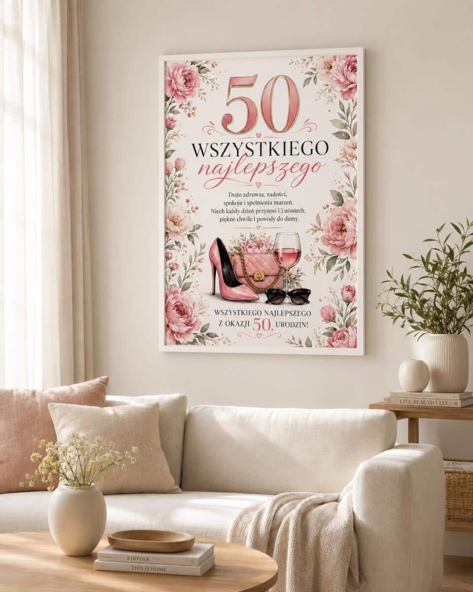 Plakat z życzeniami na 50 urodziny - Kwiaty | Pamiątka na 50-tkę dla kobiety 31024 - zdjęcie 4