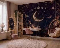 Mistyczna Fototapeta- Księżyc, Kwiaty i ćmy | Per Aspera Ad Astra | Magiczna Dekoracja Ścienna 76113 - miniaturka 1