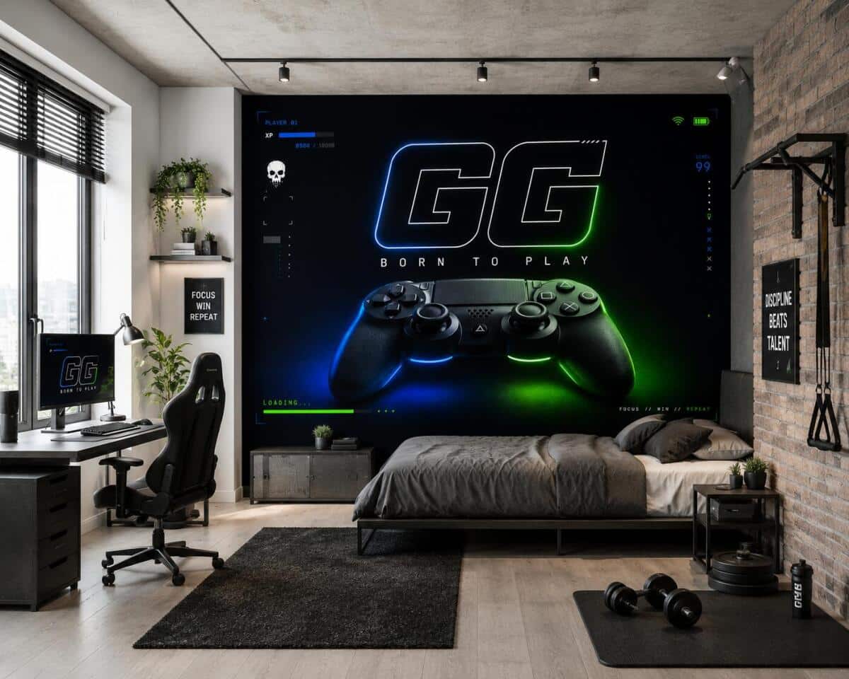 Fototapeta Gamingowa GG Born To Play i Neonowy Pad | Tapeta dla Gracza, do pokoju nastolatka 76110