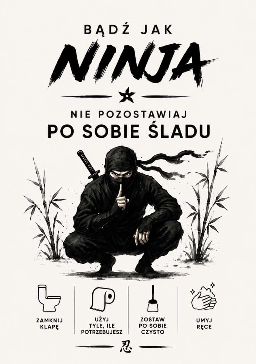 Plakat do łazienki: Bądź jak Ninja – Nie Pozostawiaj Po Sobie Śladu | Śmieszna dekoracja do toalety, WC 76070 - zdjęcie 6