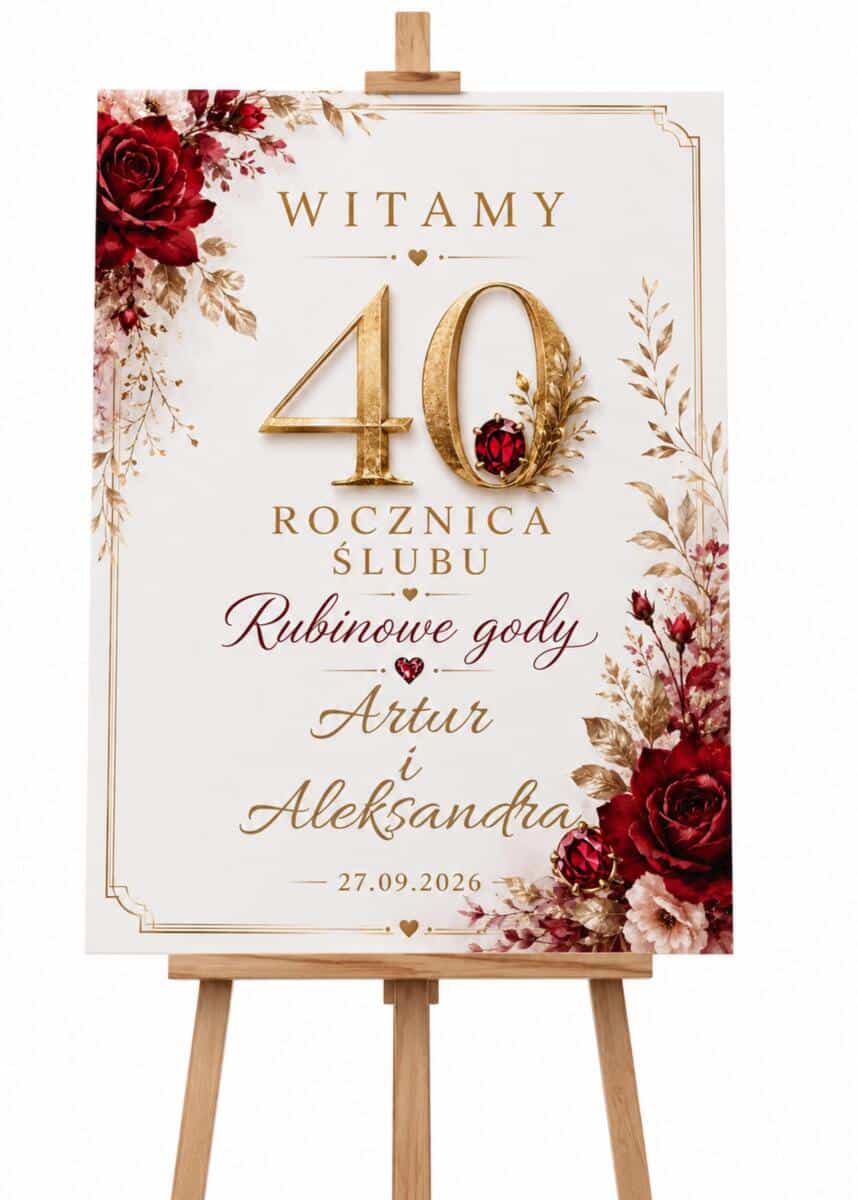 Elegancka Tablica Powitalna na 40 Rocznicę Ślubu, Rubinowe Gody | Tablica z imionami na Jubileusz 31066 - zdjęcie 5