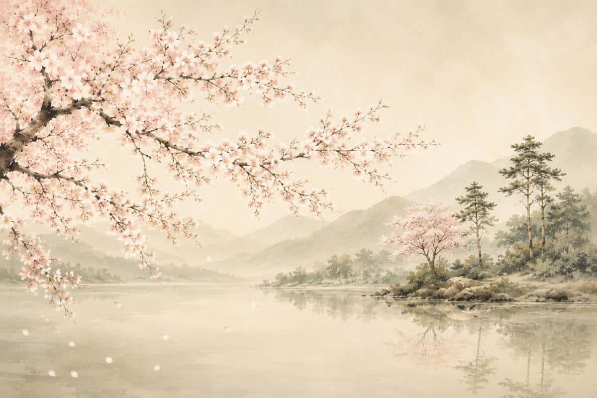 Fototapeta Japandi – Kwitnąca Wiśnia nad Jeziorem | Beżowy Krajobraz Zen Sakura 76101 - zdjęcie 3