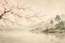Fototapeta Japandi – Kwitnąca Wiśnia nad Jeziorem | Beżowy Krajobraz Zen Sakura 76101 - miniaturka 3