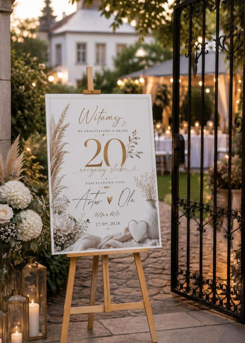 Tablica Powitalna na 20 Rocznicę Ślubu – Porcelanowe Gody | Dekoracja na Jubileusz małżeństwa 31062 - zdjęcie 3