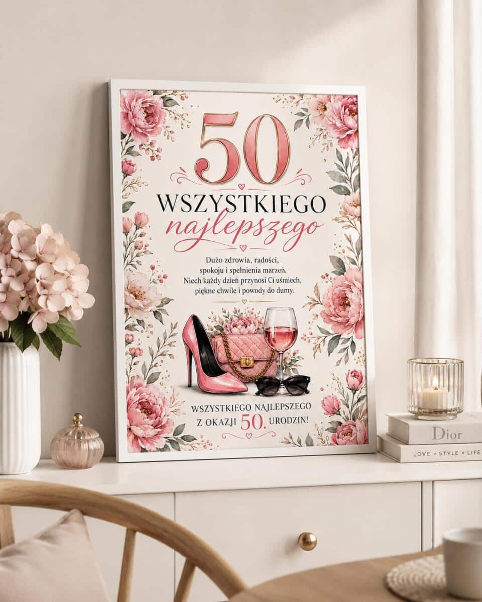 Plakat z życzeniami na 50 urodziny - Kwiaty | Pamiątka na 50-tkę dla kobiety 31024 - zdjęcie 2