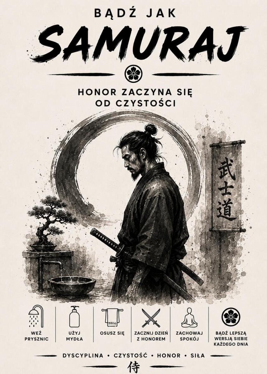 Śmieszny Plakat do Łazienki Samuraj – Honor Zaczyna Się od Czystości 76073 - zdjęcie 3