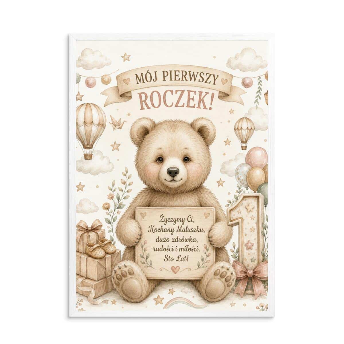 Plakat na roczek z misiem | Prezent dla dziecka na 1 urodziny  31008