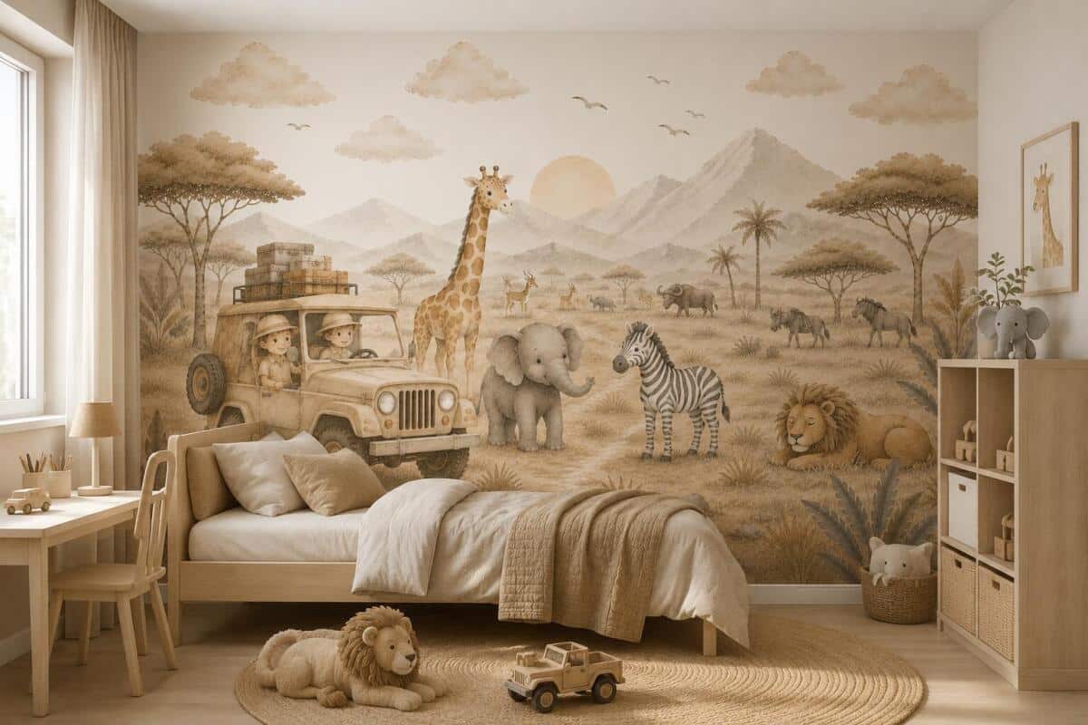Fototapeta Safari dla Dzieci – Zwierzęta Afryki w Stylu Boho | Beżowa Dekoracja do dziecięcego pokoju 76066 - zdjęcie 2
