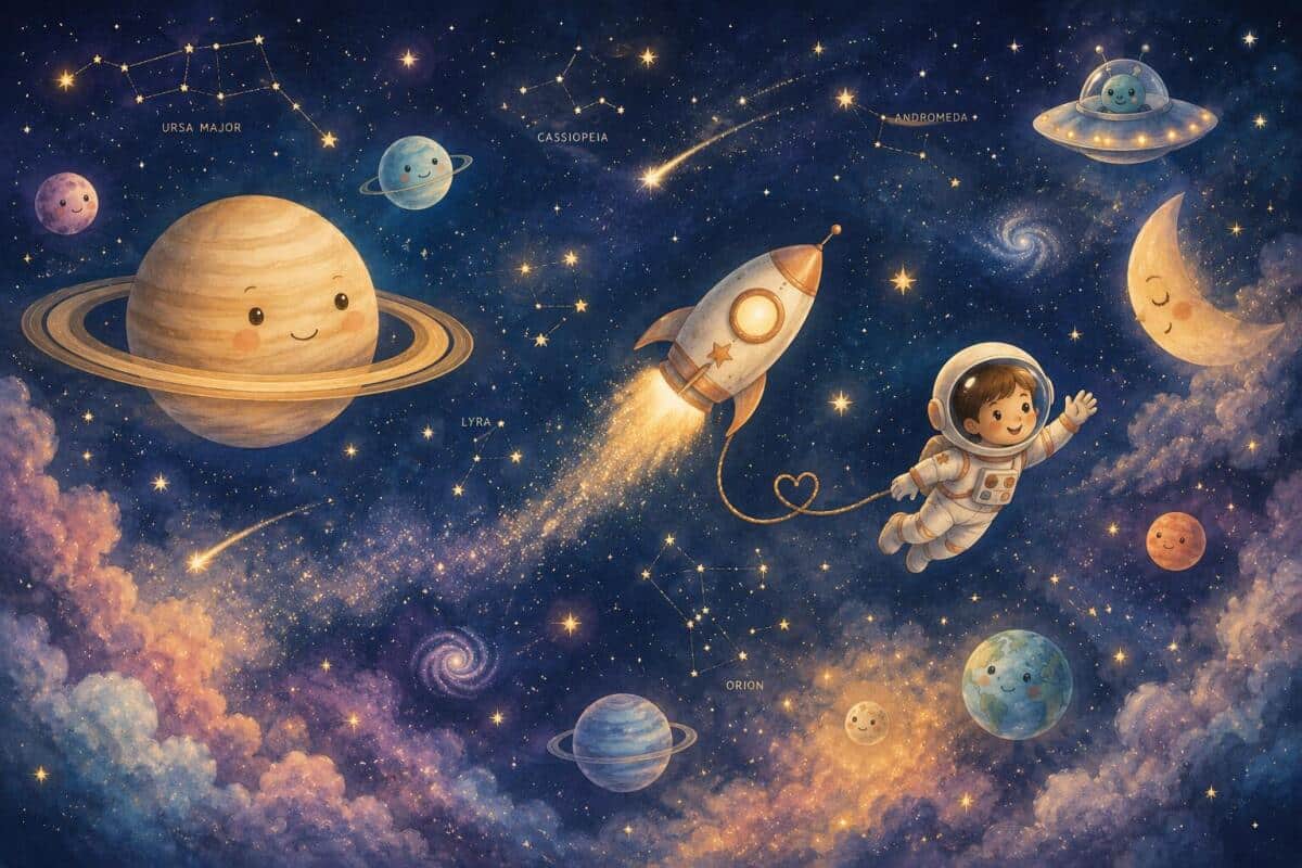 Fototapeta dla dzieci- Astronauta w Kosmosie | Bajkowa tapeta do pokoju chłopca- Rakieta i gwiazdy 76116 - zdjęcie 2