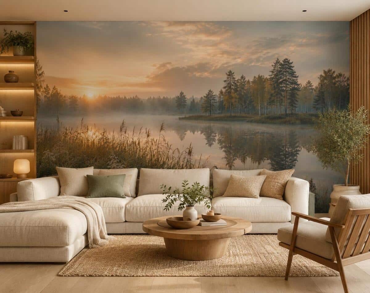 Fototapeta Krajobrazowa do Salonu- Wschód Słońca, Jezioro i Las w Złotej Mgle 76107