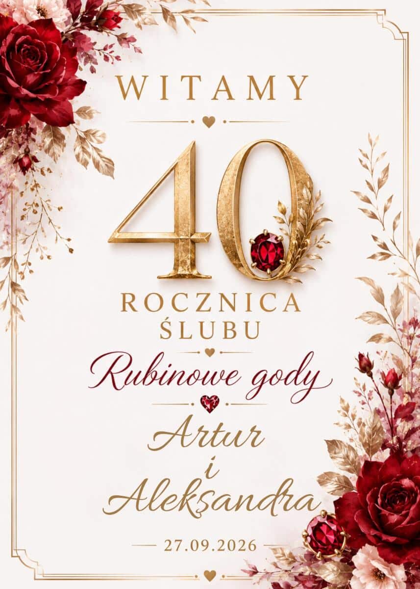 Elegancka Tablica Powitalna na 40 Rocznicę Ślubu, Rubinowe Gody | Tablica z imionami na Jubileusz 31066 - zdjęcie 6