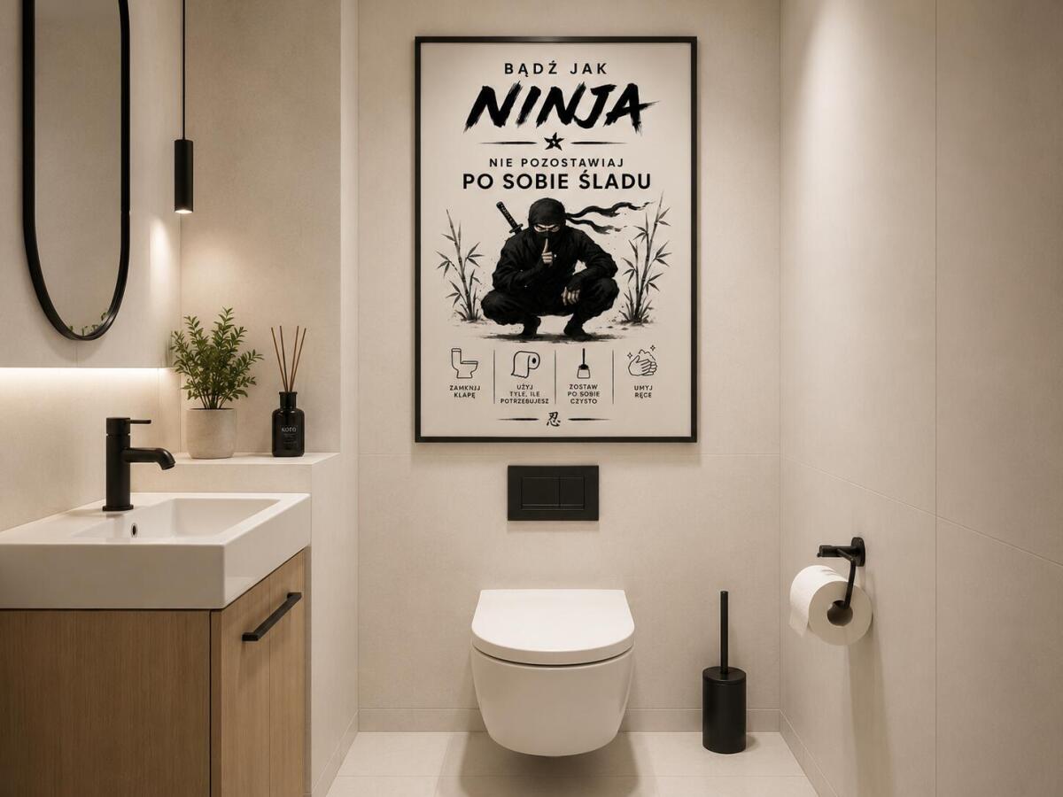 Plakat do łazienki: Bądź jak Ninja – Nie Pozostawiaj Po Sobie Śladu | Śmieszna dekoracja do toalety, WC 76070 - zdjęcie 3