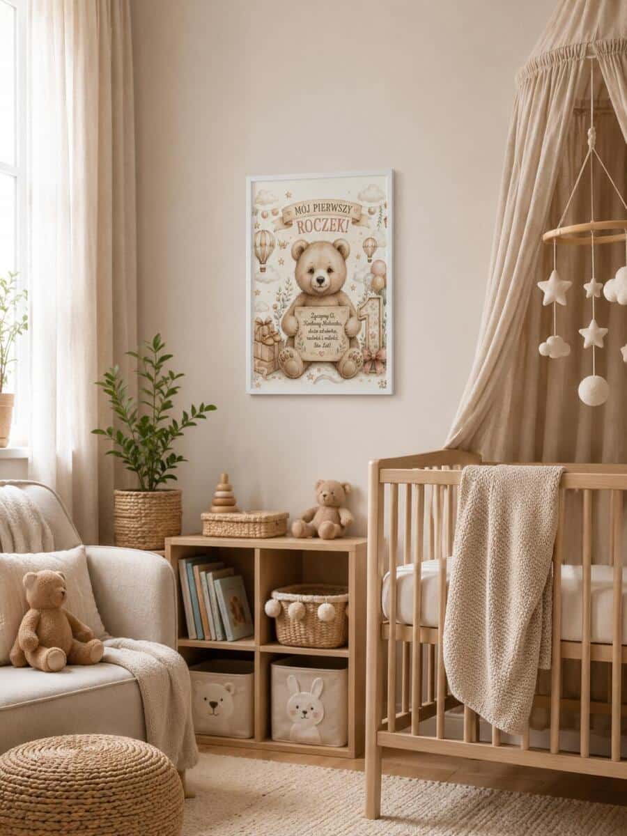 Plakat na roczek z misiem | Prezent dla dziecka na 1 urodziny  31008 - zdjęcie 2