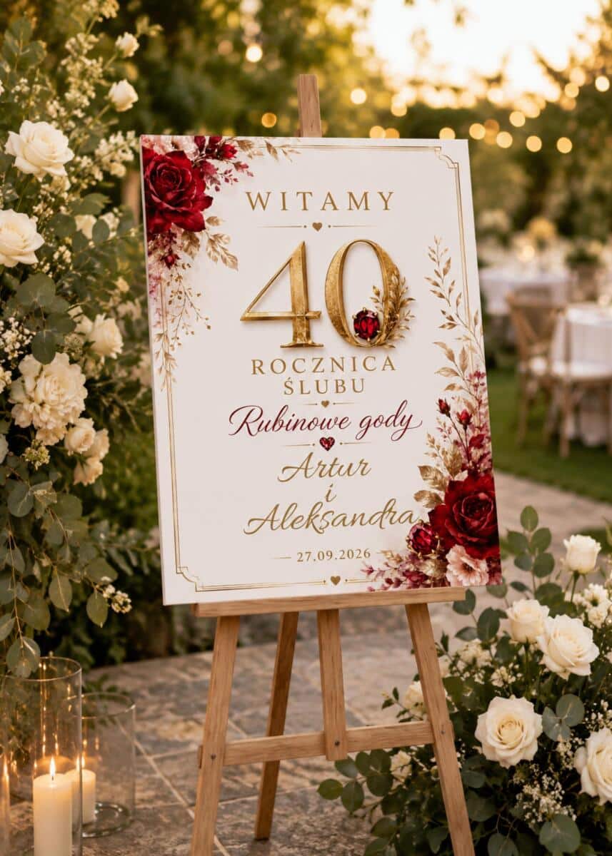 Elegancka Tablica Powitalna na 40 Rocznicę Ślubu, Rubinowe Gody | Tablica z imionami na Jubileusz 31066 - zdjęcie 2