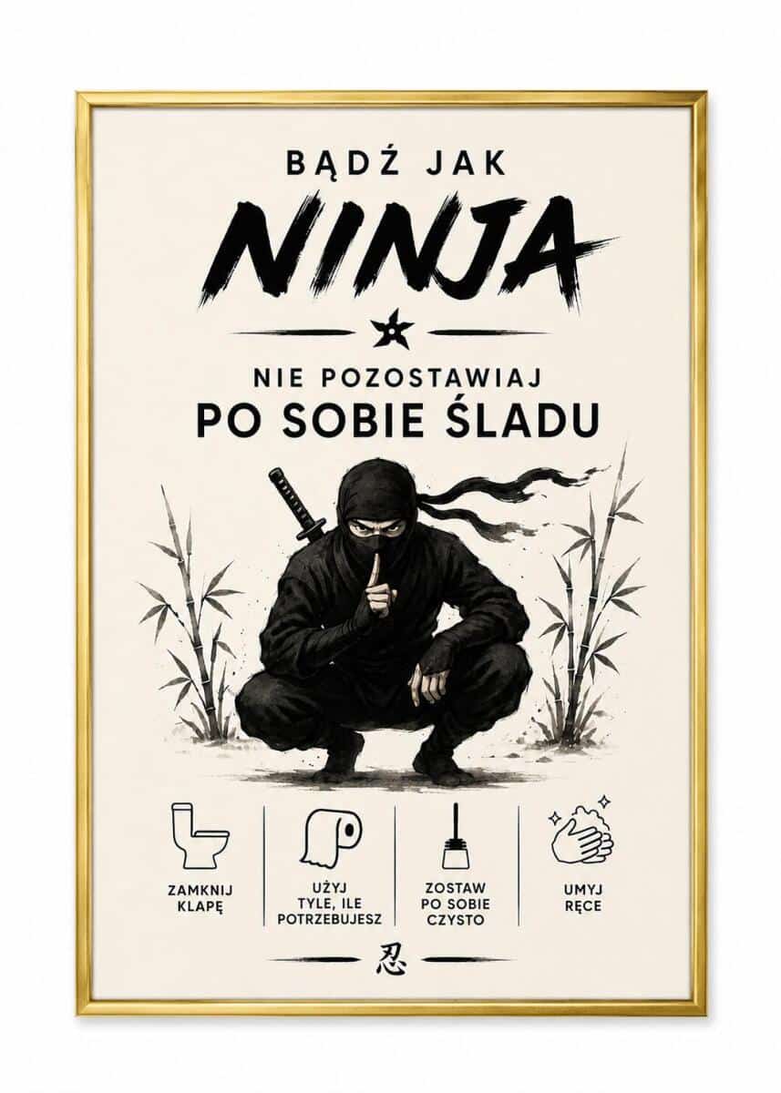 Plakat do łazienki: Bądź jak Ninja – Nie Pozostawiaj Po Sobie Śladu | Śmieszna dekoracja do toalety, WC 76070 - zdjęcie 5