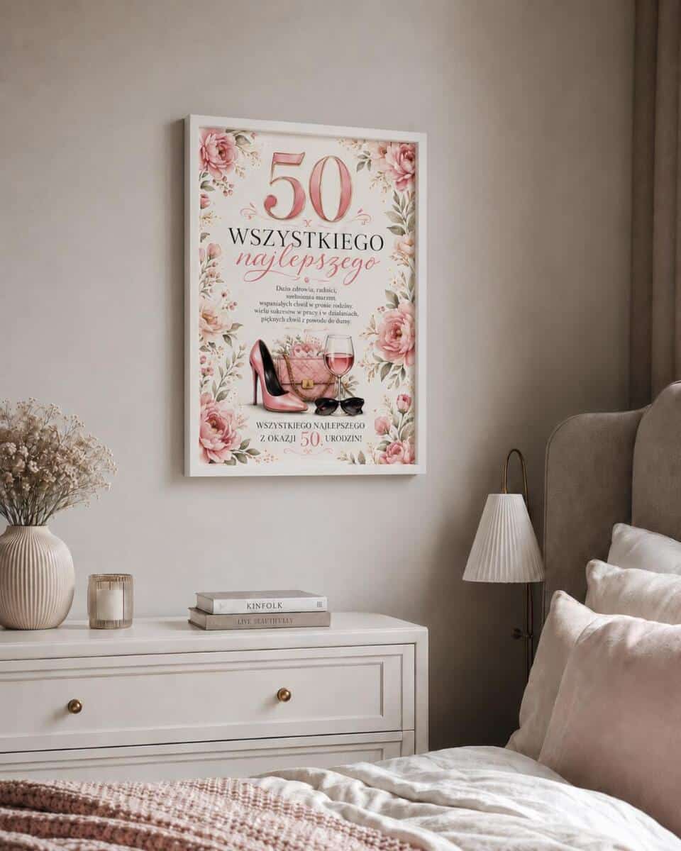 Plakat z życzeniami na 50 urodziny - Kwiaty | Pamiątka na 50-tkę dla kobiety 31024 - zdjęcie 3
