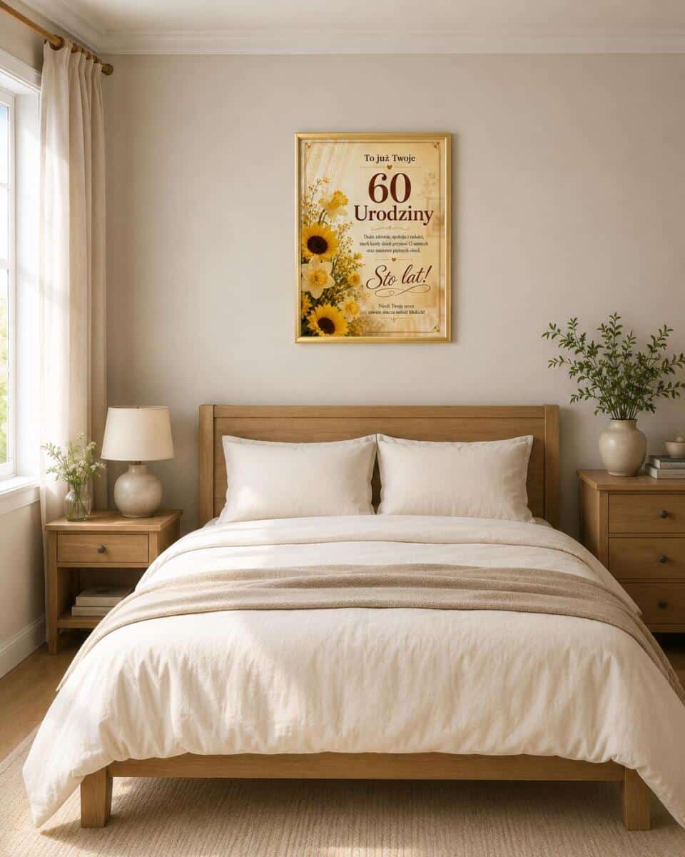 Plakat na 60-tkę dla kobiety - Żółte kwiaty | Upominek na 60 urodziny z życzeniami 31022 - zdjęcie 3
