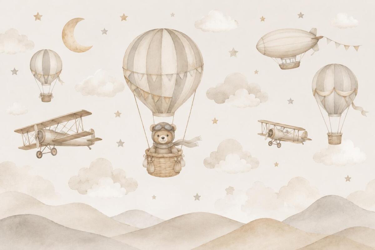 Dziecięca fototapeta- Miś, Balony i Samoloty | Beżowa Tapeta do pokoju dziecka 76064 - zdjęcie 3