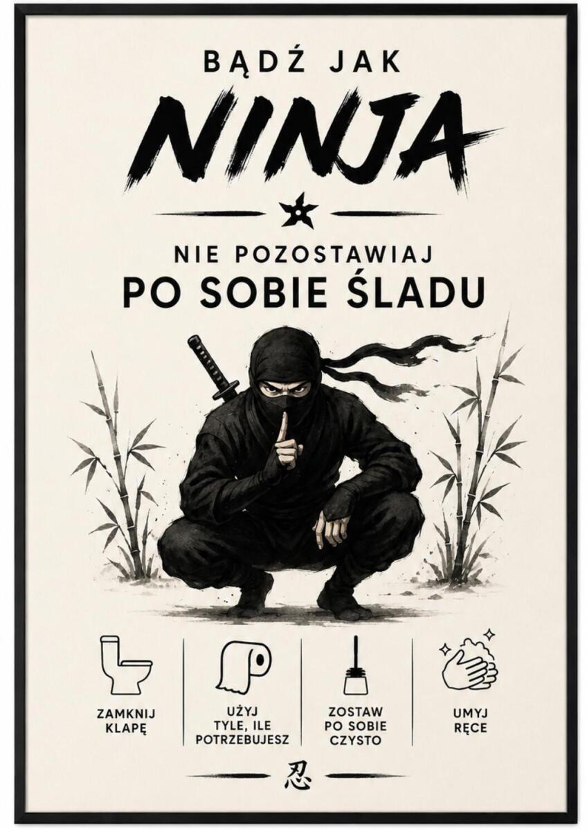 Plakat do łazienki: Bądź jak Ninja – Nie Pozostawiaj Po Sobie Śladu | Śmieszna dekoracja do toalety, WC 76070