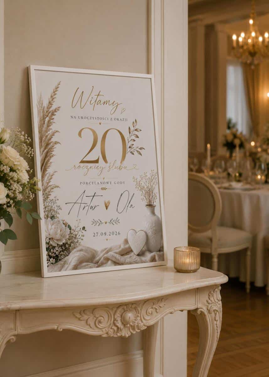 Tablica Powitalna na 20 Rocznicę Ślubu – Porcelanowe Gody | Dekoracja na Jubileusz małżeństwa 31062 - zdjęcie 4