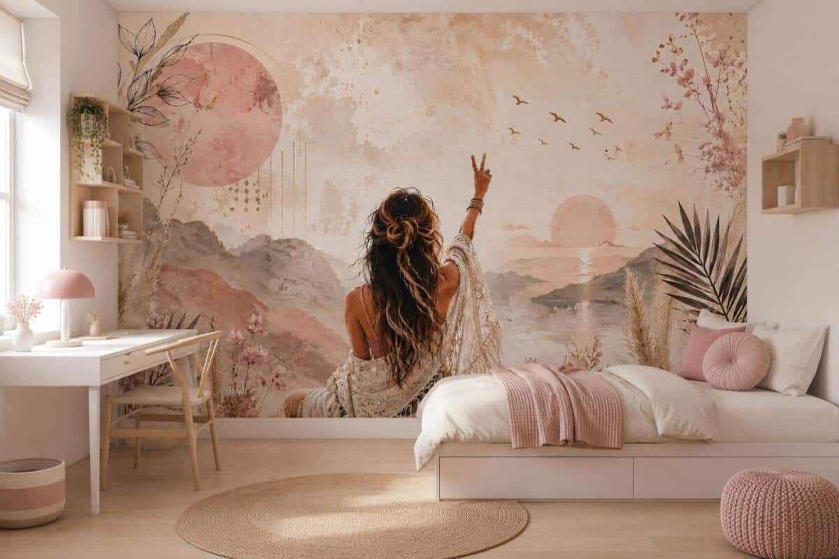 Pastelowa Fototapeta do pokoju nastolatki w odcieniach różu i beżu | Boho Aesthetic, Coachella Style 76062