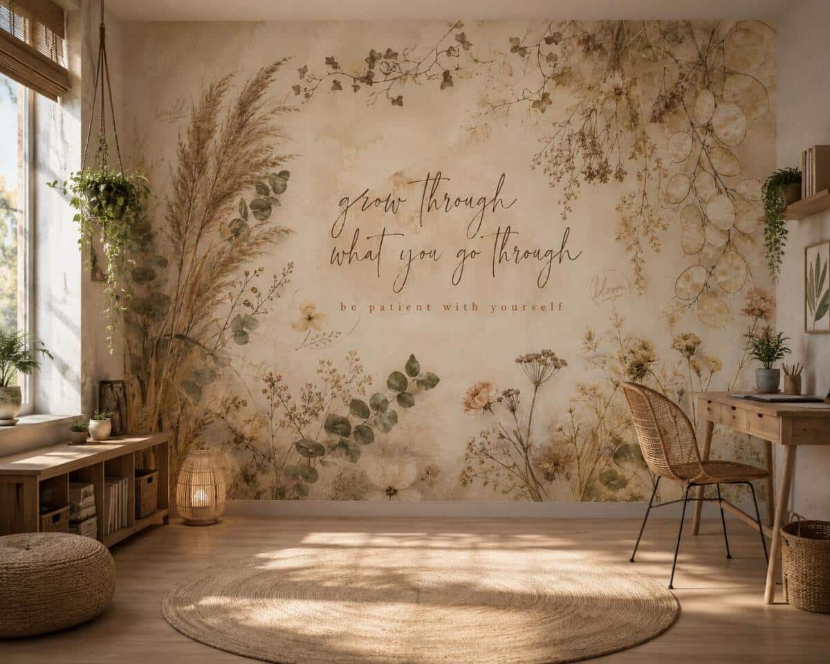Fototapeta boho z inspirującym cytatem | Beżowa Tapeta do sypialni- Trawy i Kwiaty 76122 - zdjęcie 2