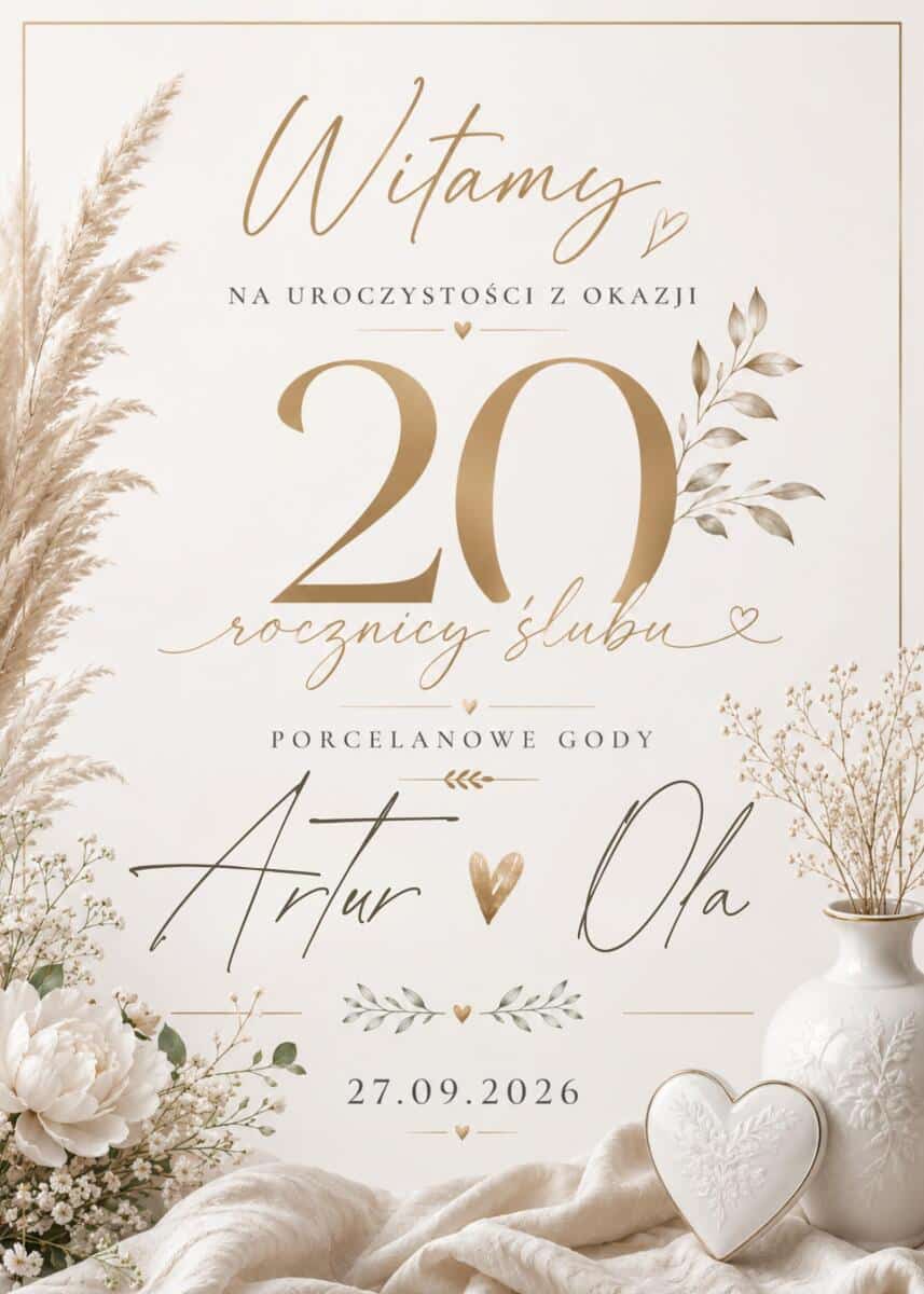 Tablica Powitalna na 20 Rocznicę Ślubu – Porcelanowe Gody | Dekoracja na Jubileusz małżeństwa 31062 - zdjęcie 5