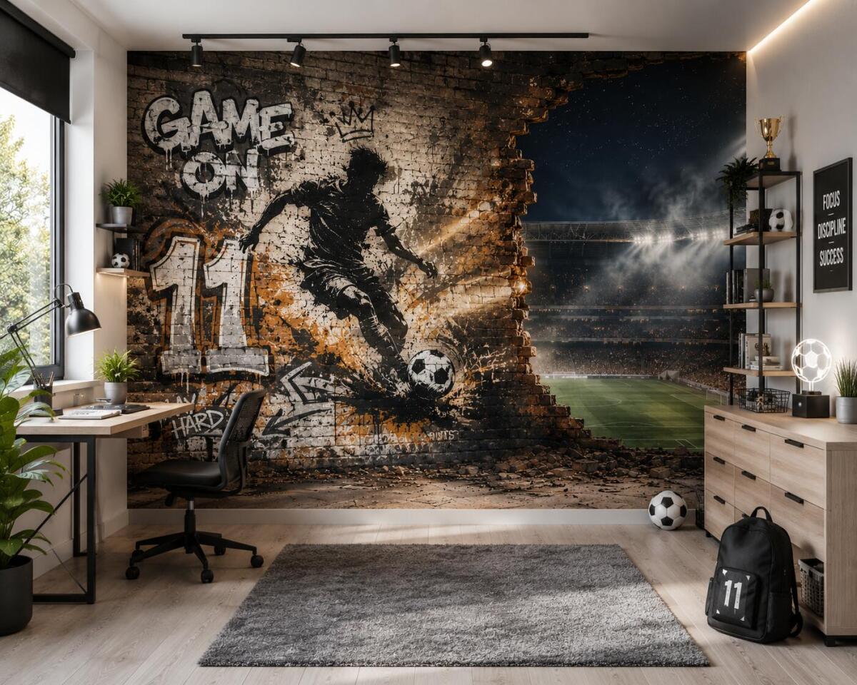 Młodzieżowa Fototapeta 3D-  Graffiti z Piłkarzem i Stadion | Sportowa tapeta dla nastolatka 76124
