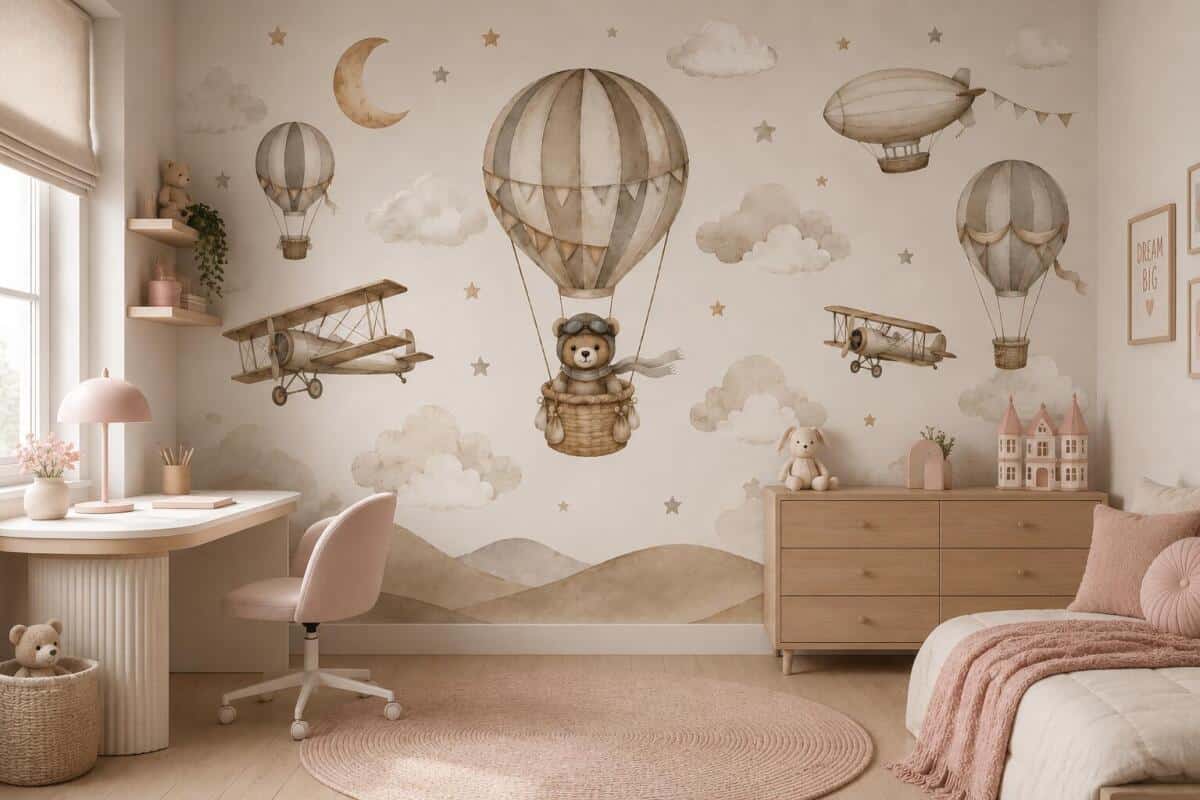 Dziecięca fototapeta- Miś, Balony i Samoloty | Beżowa Tapeta do pokoju dziecka 76064 - zdjęcie 2
