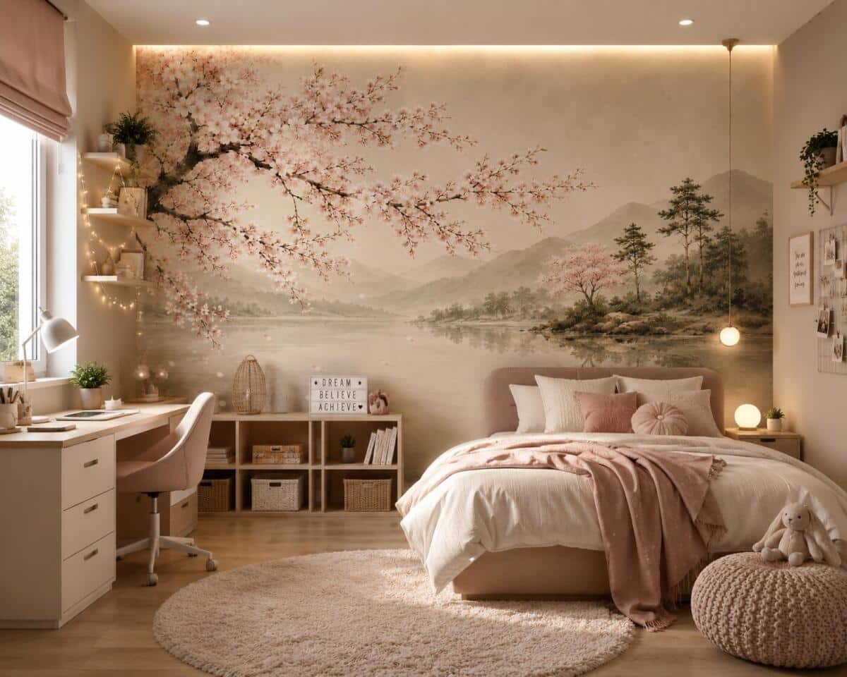 Fototapeta Japandi – Kwitnąca Wiśnia nad Jeziorem | Beżowy Krajobraz Zen Sakura 76101 - zdjęcie 2