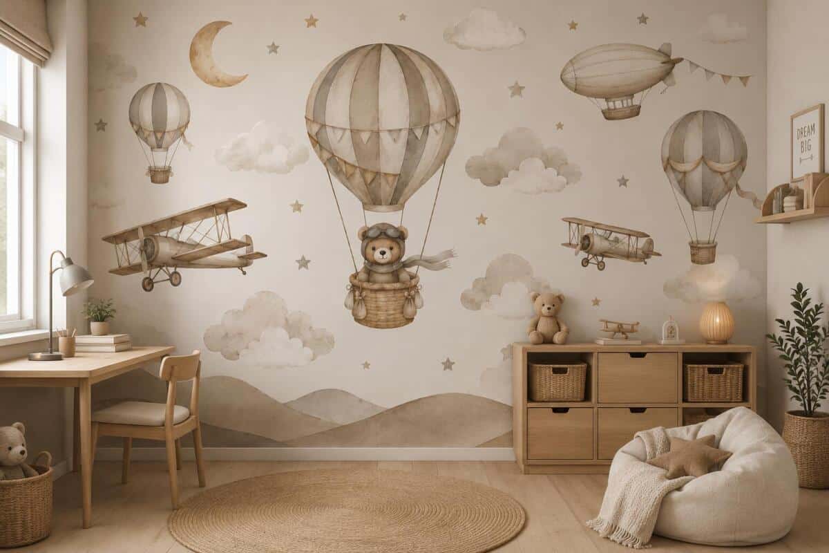 Dziecięca fototapeta- Miś, Balony i Samoloty | Beżowa Tapeta do pokoju dziecka 76064