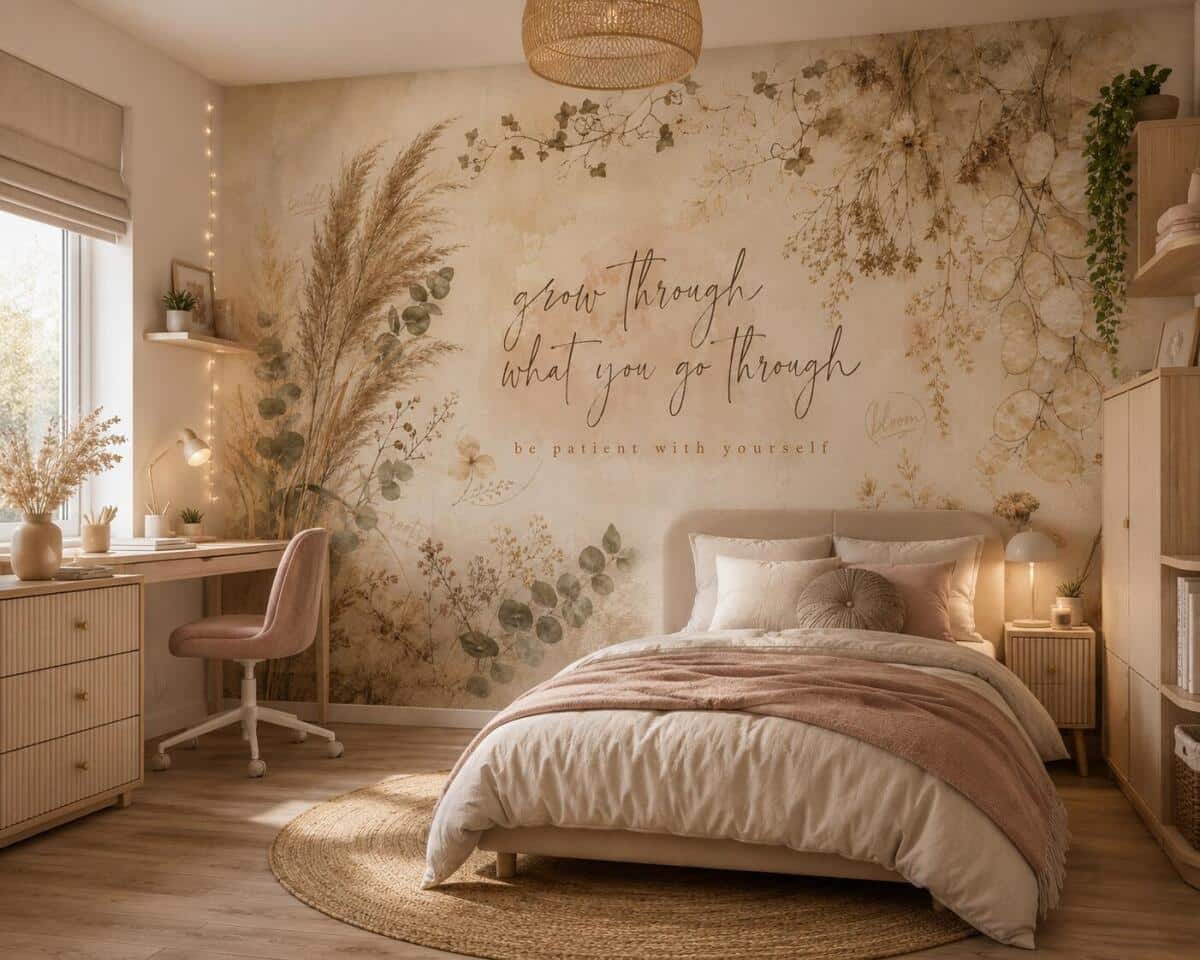 Fototapeta boho z inspirującym cytatem | Beżowa Tapeta do sypialni- Trawy i Kwiaty 76122