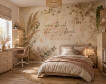 Fototapeta boho z inspirującym cytatem | Beżowa Tapeta do sypialni- Trawy i Kwiaty 76122 - miniaturka 1