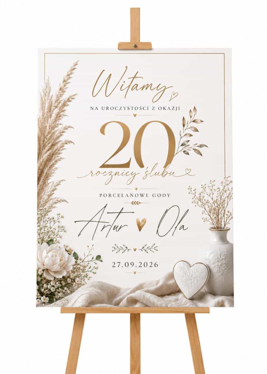 Tablica Powitalna na 20 Rocznicę Ślubu – Porcelanowe Gody | Dekoracja na Jubileusz małżeństwa 31062 - zdjęcie 6