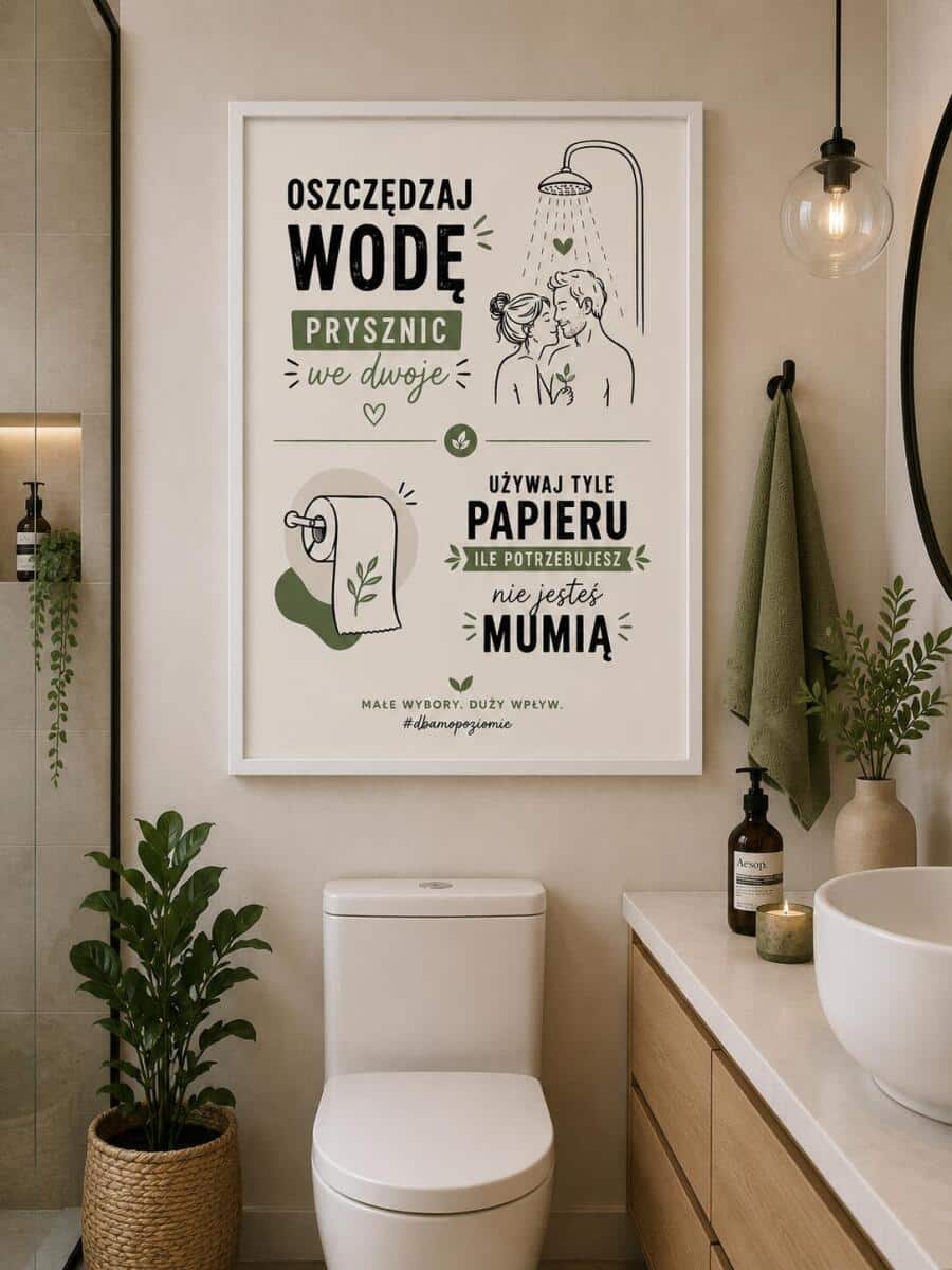 Nowoczesny EKO Plakat do Łazienki – Oszczędzaj Wodę i Papier | Zabawny Obraz do toalety 76077 - zdjęcie 3