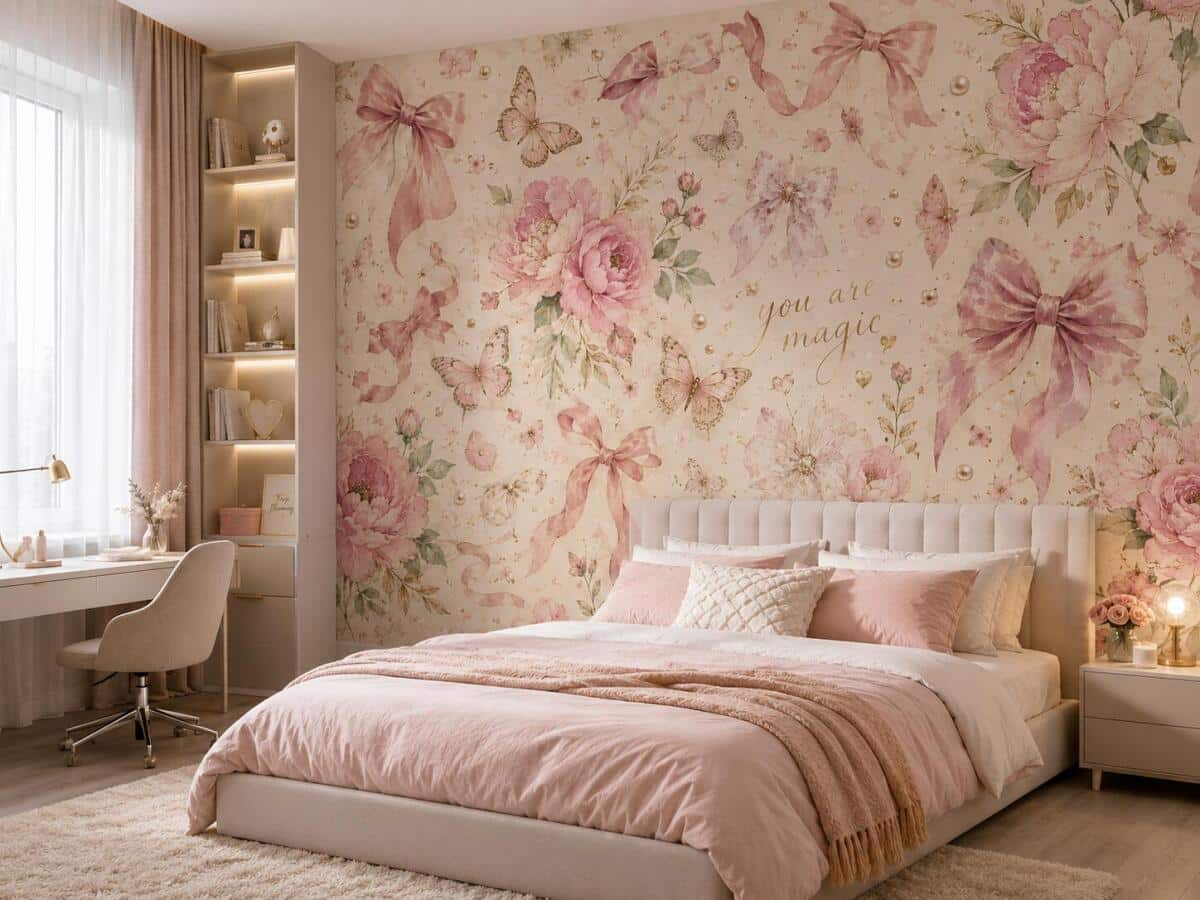 Fototapeta- Różowe Piwonie i Kokardki | Romantyczna Dekoracja Ścienna w stylu Shabby Chic, Coquette 76111 - zdjęcie 2