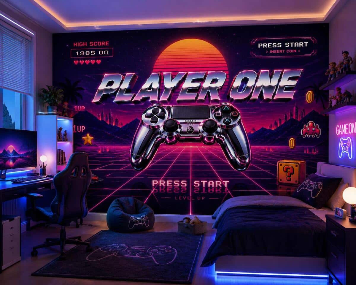 Fioletowa Fototapeta do Pokoju Gracza – Synthwave, Retro, Arcade 76109