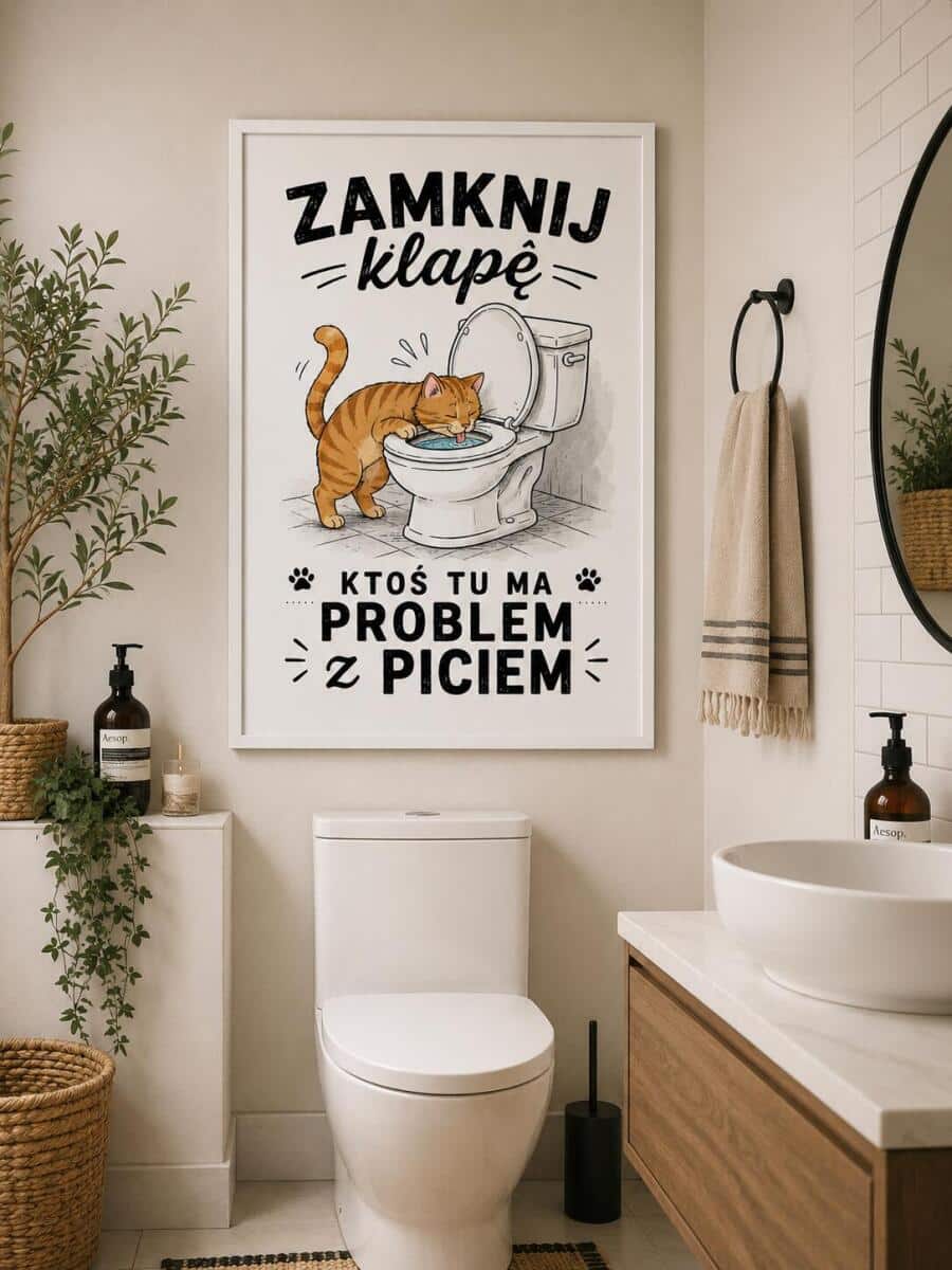 Śmieszny Plakat z Kotem do Łazienki | Obraz do WC- Zamknij Klapę | Oryginalna Ozdoba do toalety 76078 - zdjęcie 2
