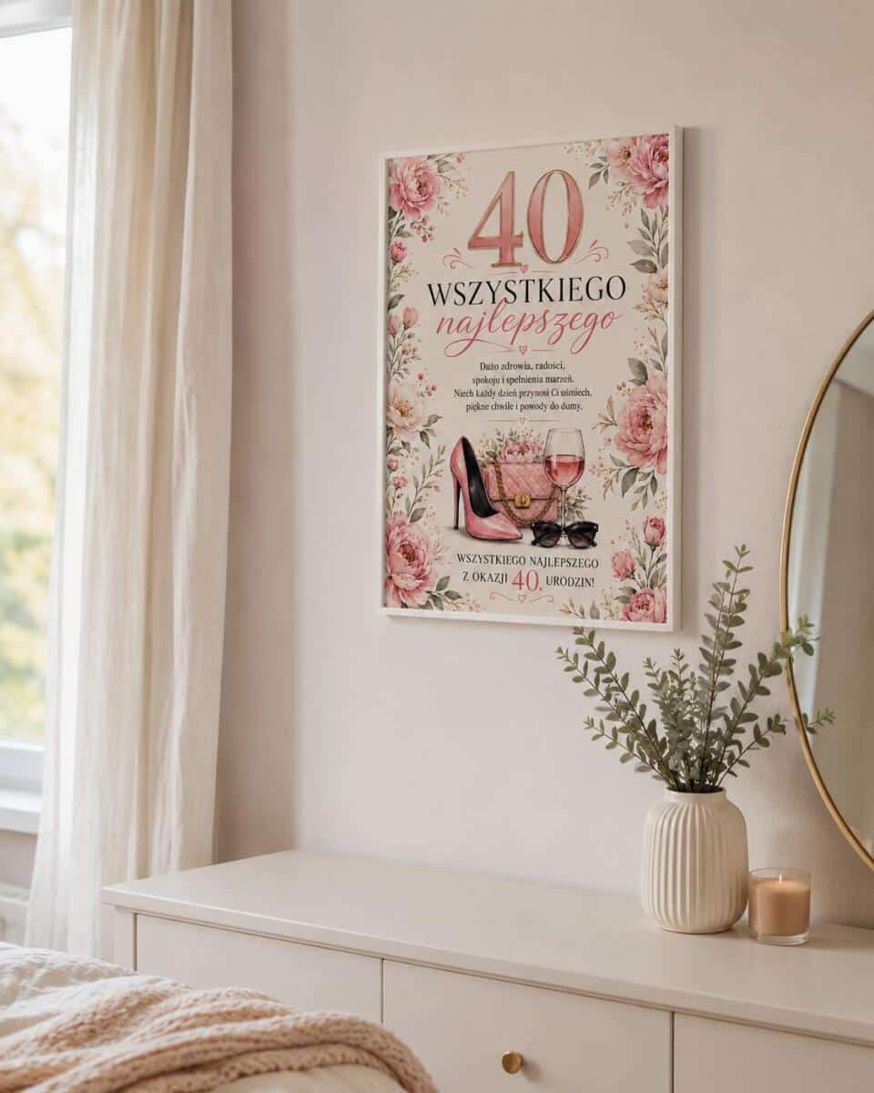 Plakat z życzeniami na 40 urodziny - Kwiaty | Pamiątka na 40-tkę dla kobiety 31027 - zdjęcie 4