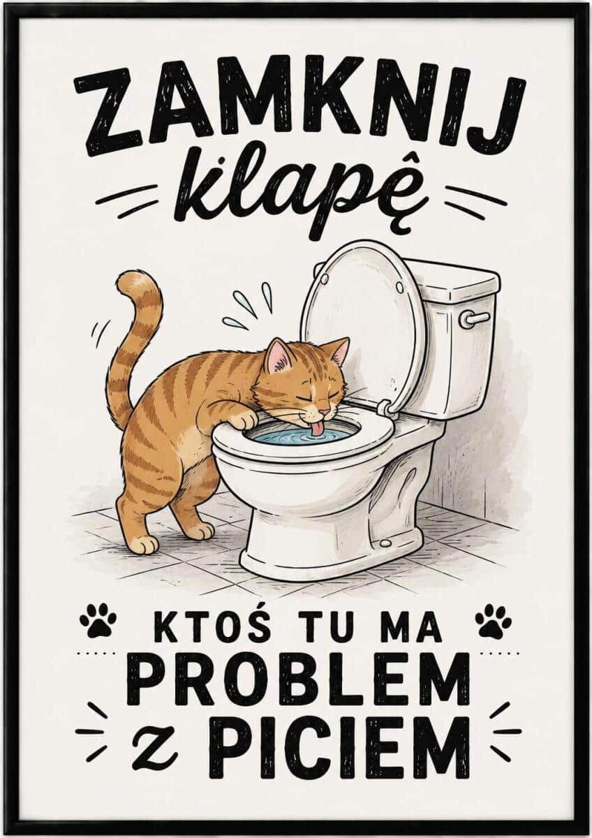Śmieszny Plakat z Kotem do Łazienki | Obraz do WC- Zamknij Klapę | Oryginalna Ozdoba do toalety 76078