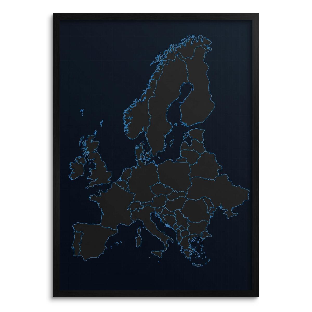 Obraz Mapa Europy styl ciemny- Neonowy błękit | Prezent dla podróżnika 31110
