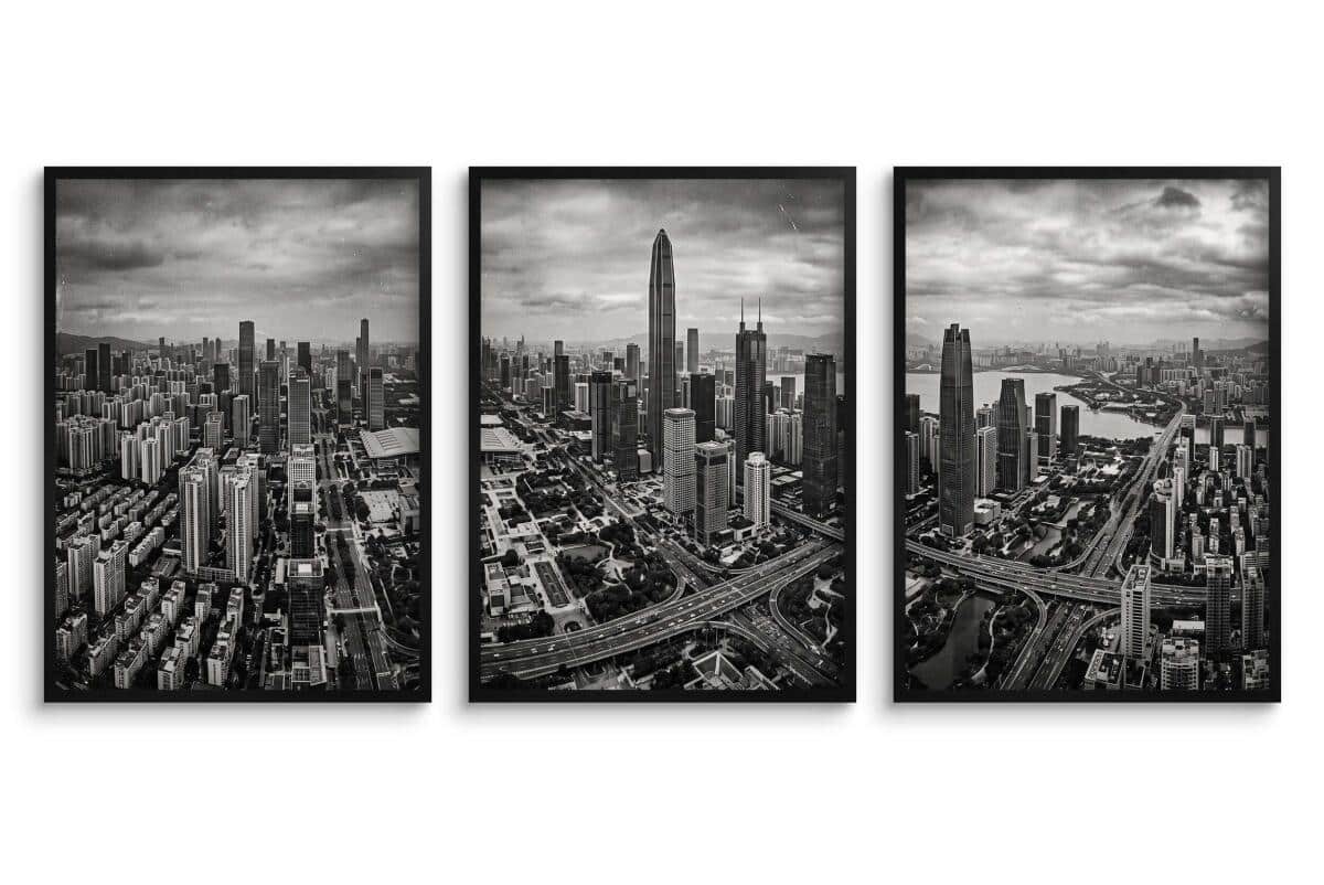 Plakat Loft Panorama Miasta z góry | Trzyczęściowy Obraz czarno-biały 31217 - zdjęcie 2