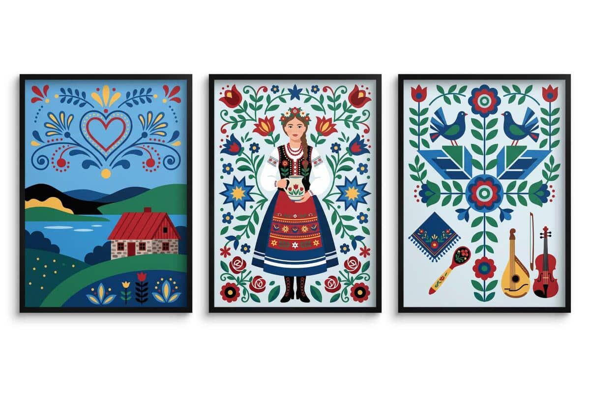 Komplet 3 obrazów- Polska wieś i folklor | Kolorowe plakaty rustykalne do sypialni 31210 - zdjęcie 2