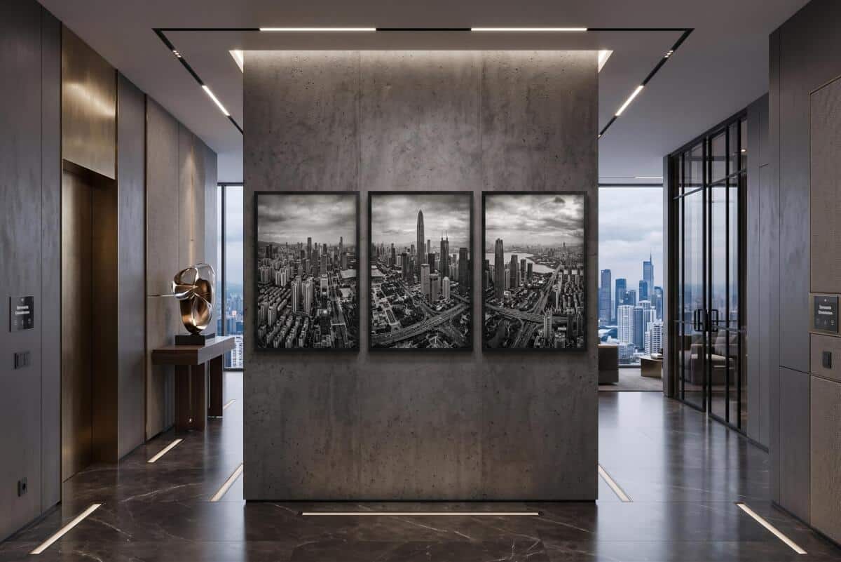 Plakat Loft Panorama Miasta z góry | Trzyczęściowy Obraz czarno-biały 31217 - zdjęcie 6