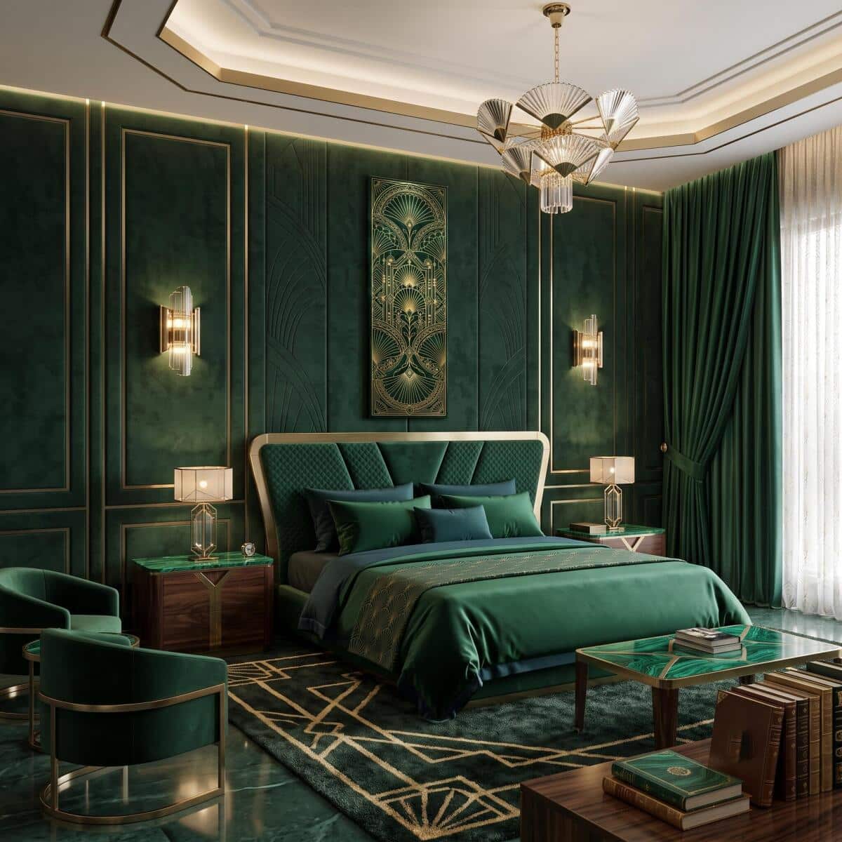 Pionowy Obraz Szmaragdowe Art Deco | Złoty Motyw na Ścianę Glamour 31265 - zdjęcie 3