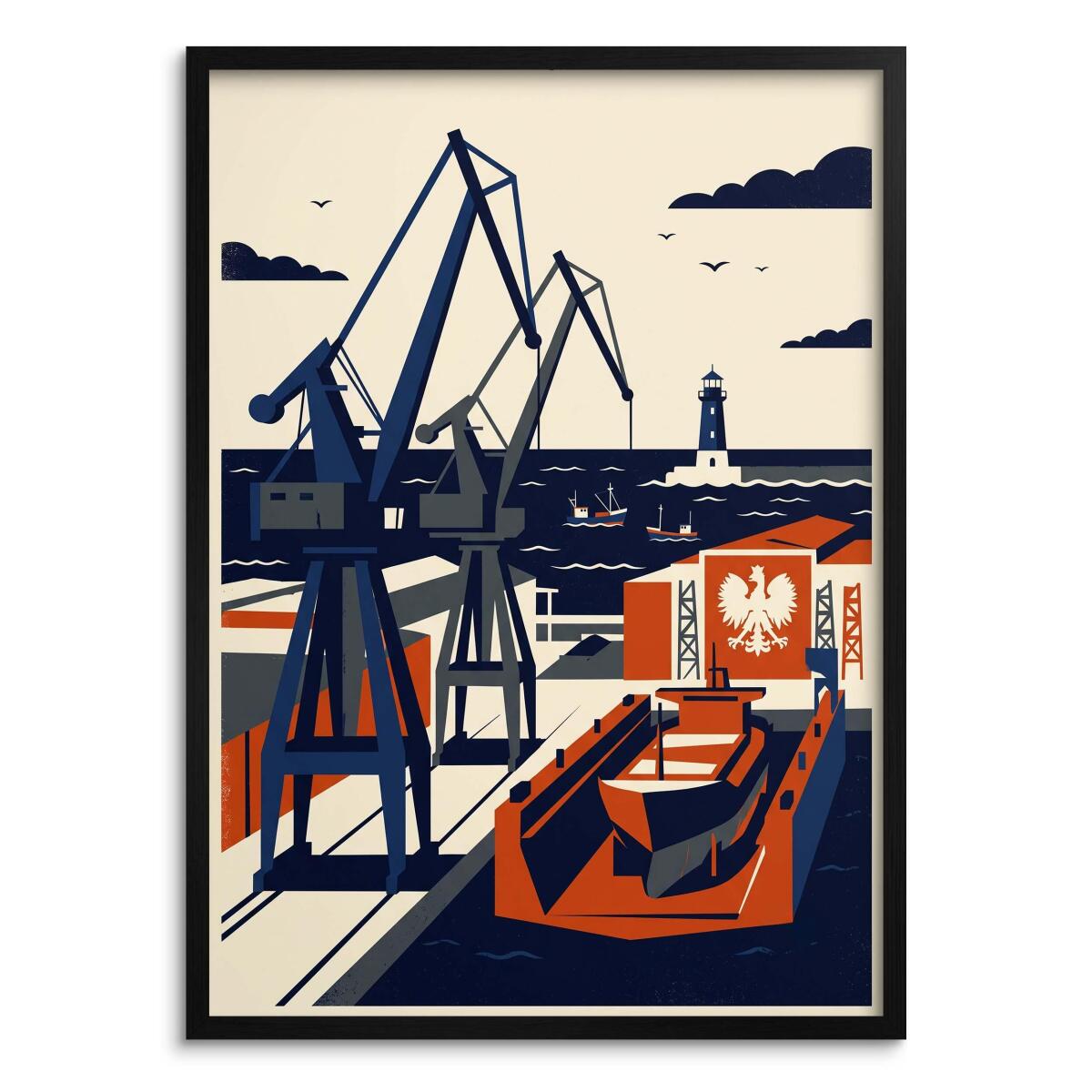 Nowoczesny plakat z dźwigami Port | Marynistyczna dekoracja retro 31164
