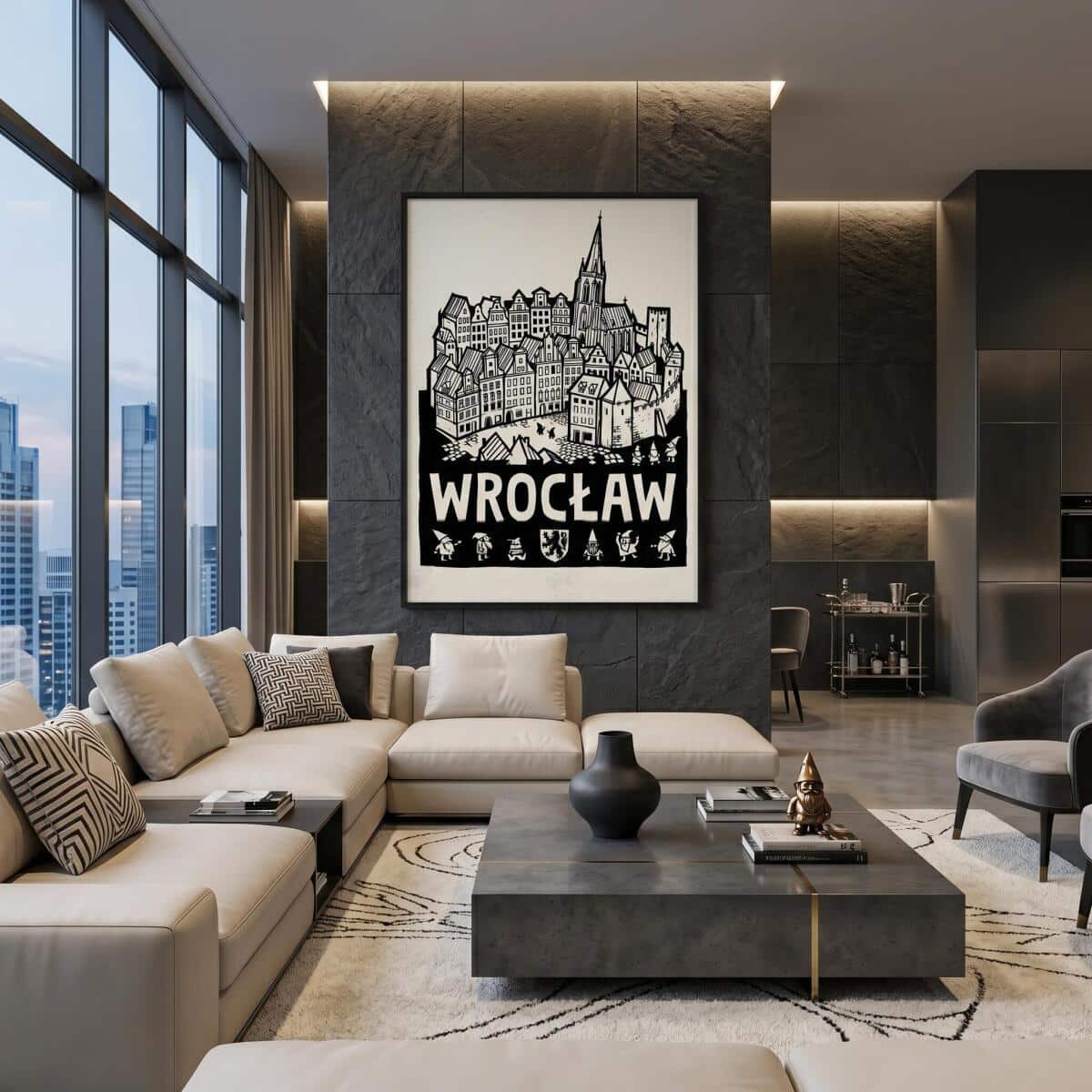 Plakat z Miastem Wrocław- Czarny Linoryt | Minimalistyczna ozdoba do biura 31118 - zdjęcie 6