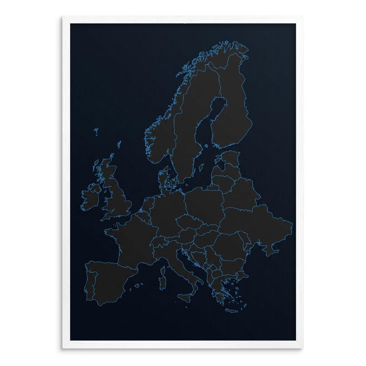 Obraz Mapa Europy styl ciemny- Neonowy błękit | Prezent dla podróżnika 31110 - zdjęcie 2