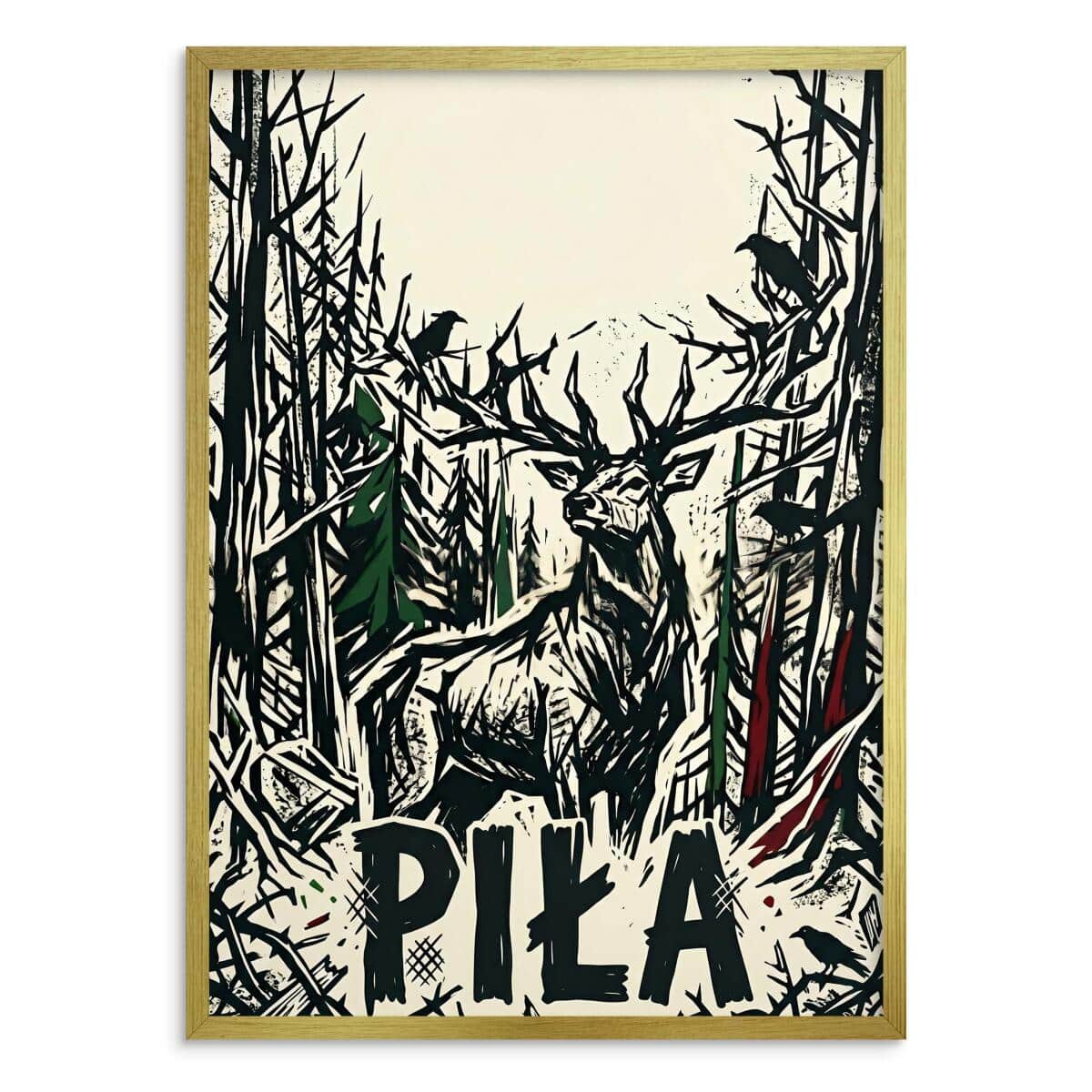 Plakat Jeleń Piła w stylu linorytu | Mroczny obraz lasu do salonu loft 31117 - zdjęcie 3
