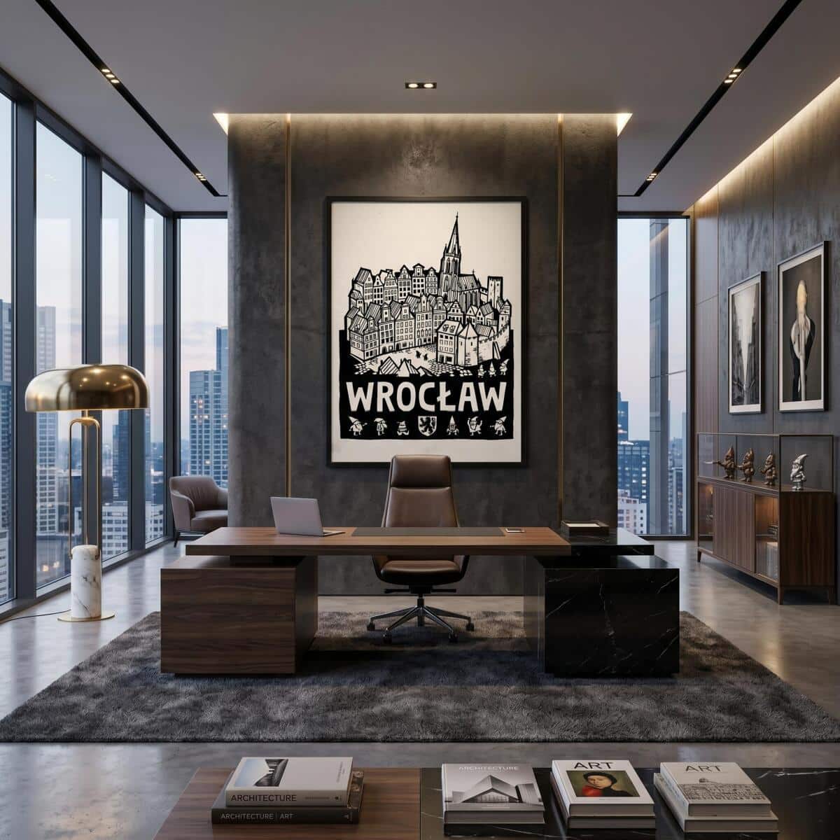 Plakat z Miastem Wrocław- Czarny Linoryt | Minimalistyczna ozdoba do biura 31118 - zdjęcie 5